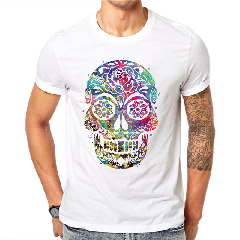 100% Cotton Men T Shirts Fashion Hollow Skull Design Short Sleeve Casual Tops Colorful Printed T-Shirt White Tee